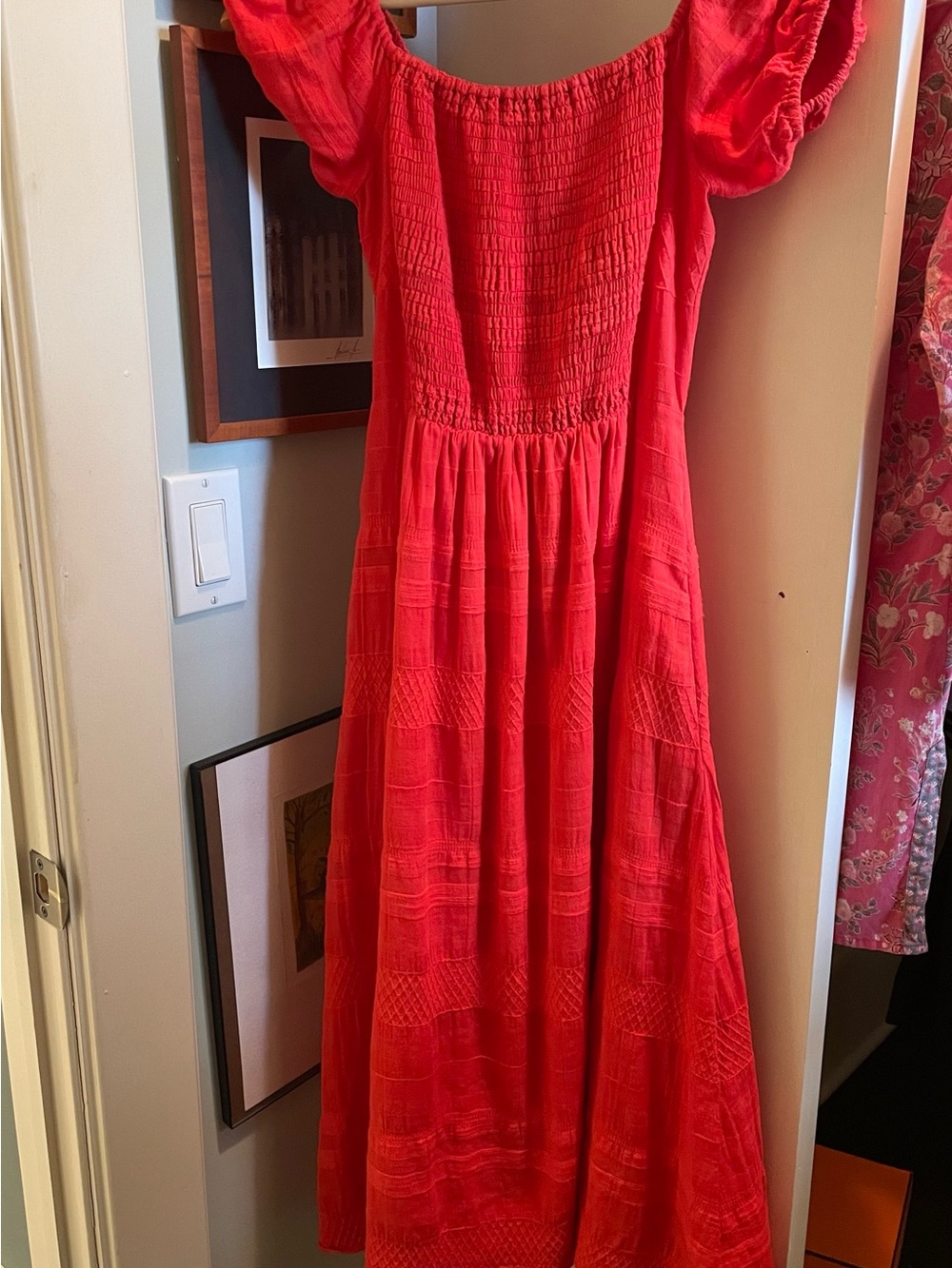 Tanya Taylor Red Smocked Puff-Sleeve Maxi Dress